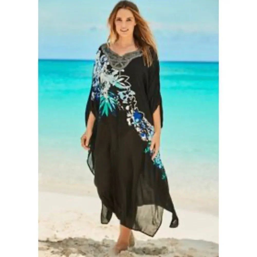 NWT Swimsuits For All Black Floral Beaded Neckline Cover-Up House Dress Size 14